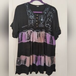 Jrin's Made In India, Boho Embroidered Tie Dye Short Bell Sleeve Top. Free Size